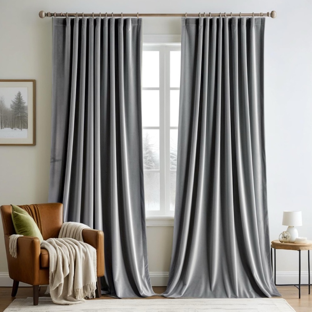 Luxurious Gray Velvet 96” 2 Panels Pinch Pleated Super Soft Back Tab Rod Pocket - Picture 2 of 9